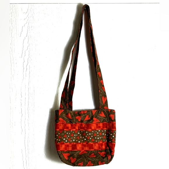 Handmade Hippie Heart Purse Long Strap Crossbody Patchwork Red Brown 8x9 inches - Picture 1 of 5